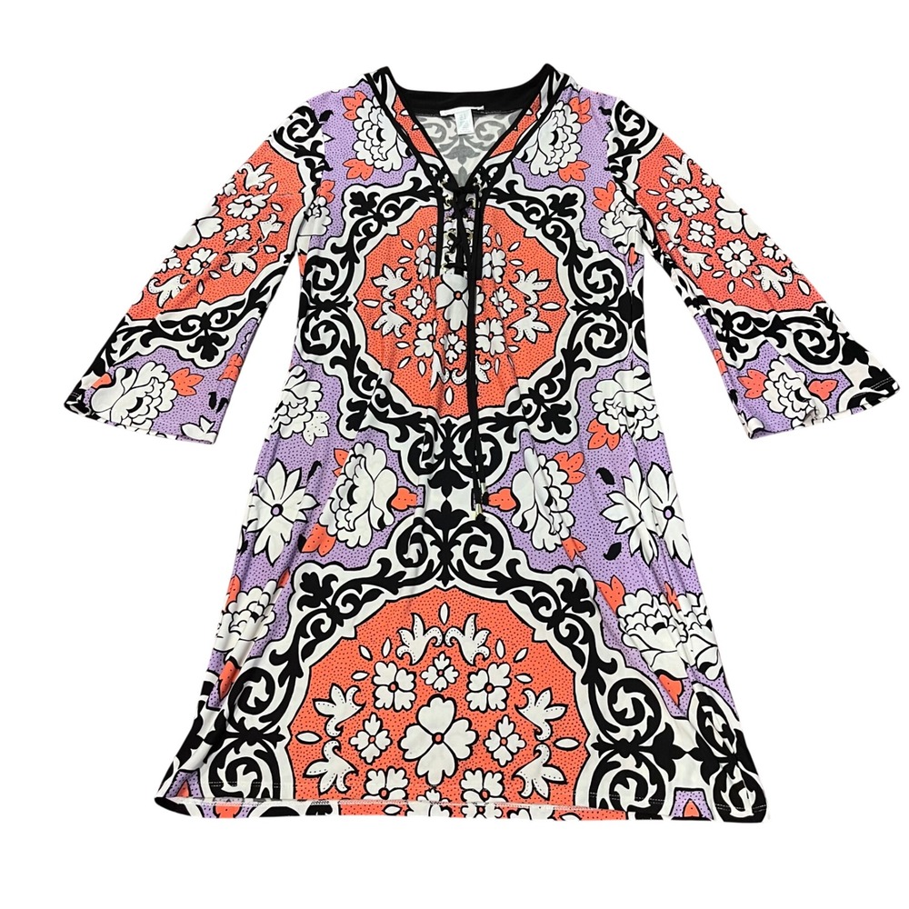 London Times Floral Damask Tie Up V-Neck Bell Sleeve Shift Dress Orange Purple 8